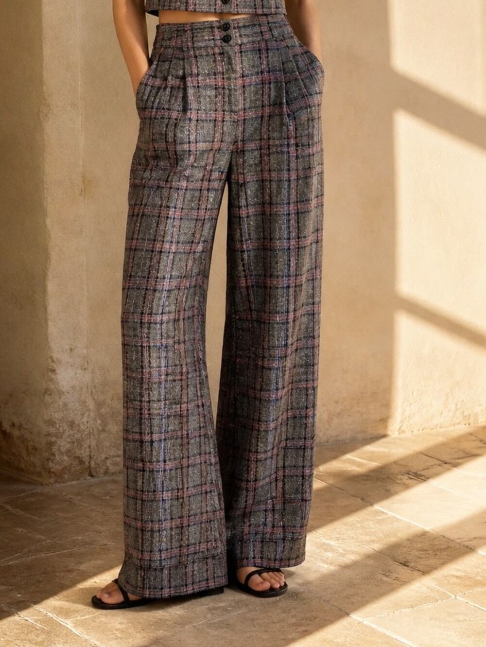 New York & Company Gray Plaid Wide-Leg Pants Size 8